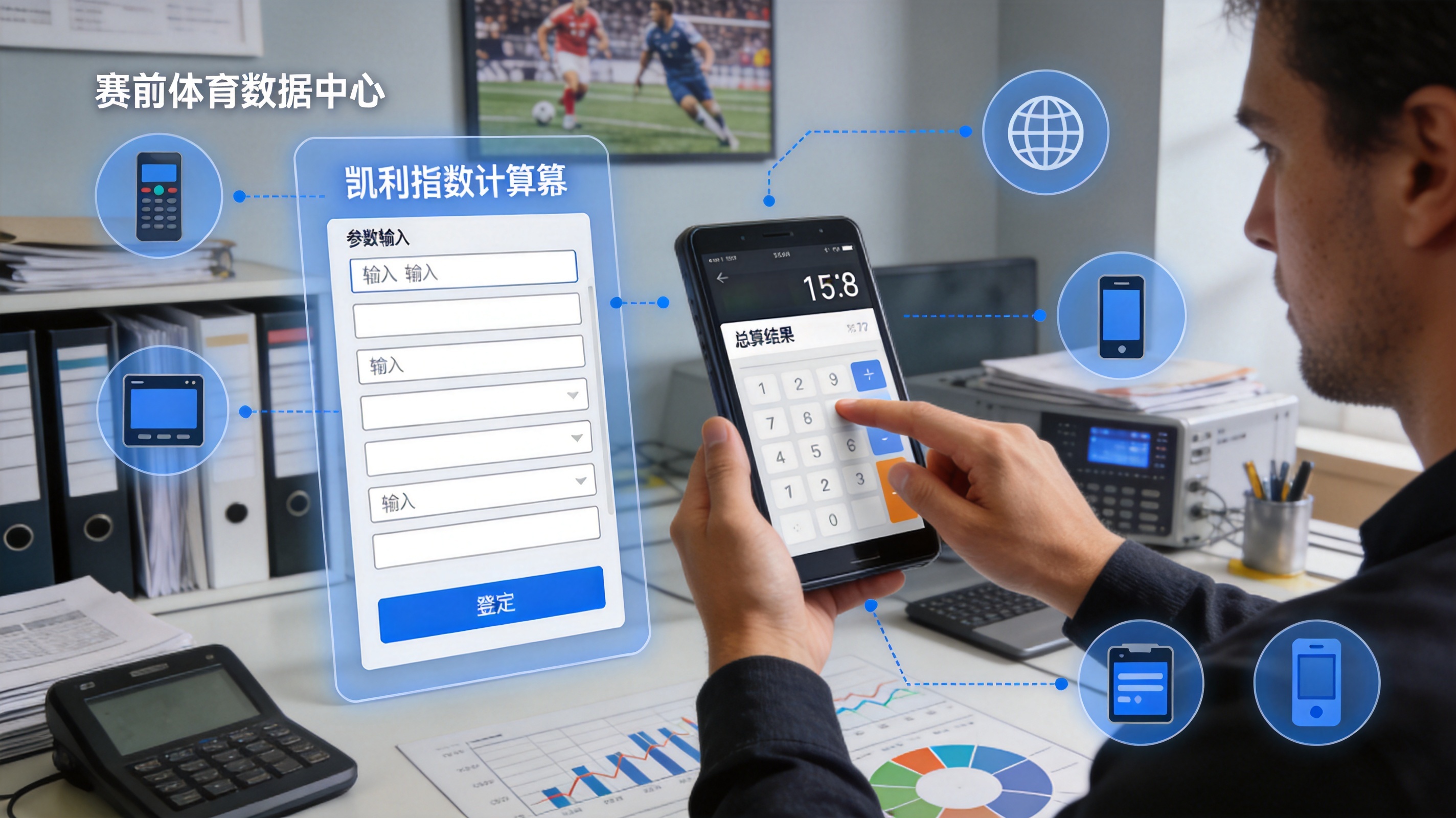 凯利指数计算器界面示意图，展示参数输入与测算结果区域