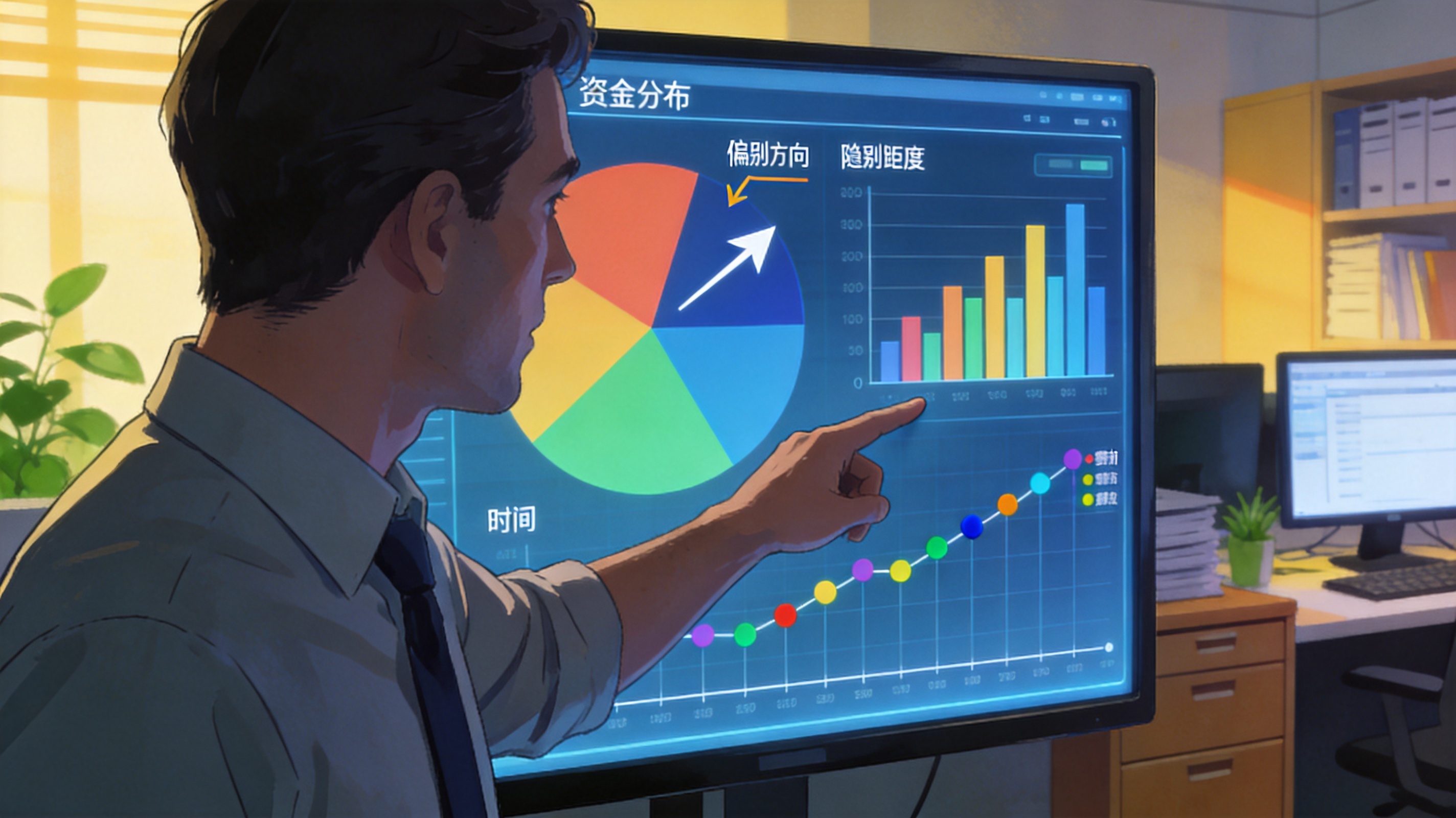 盈亏指数看板示意图，展示资金分布与偏离度数值